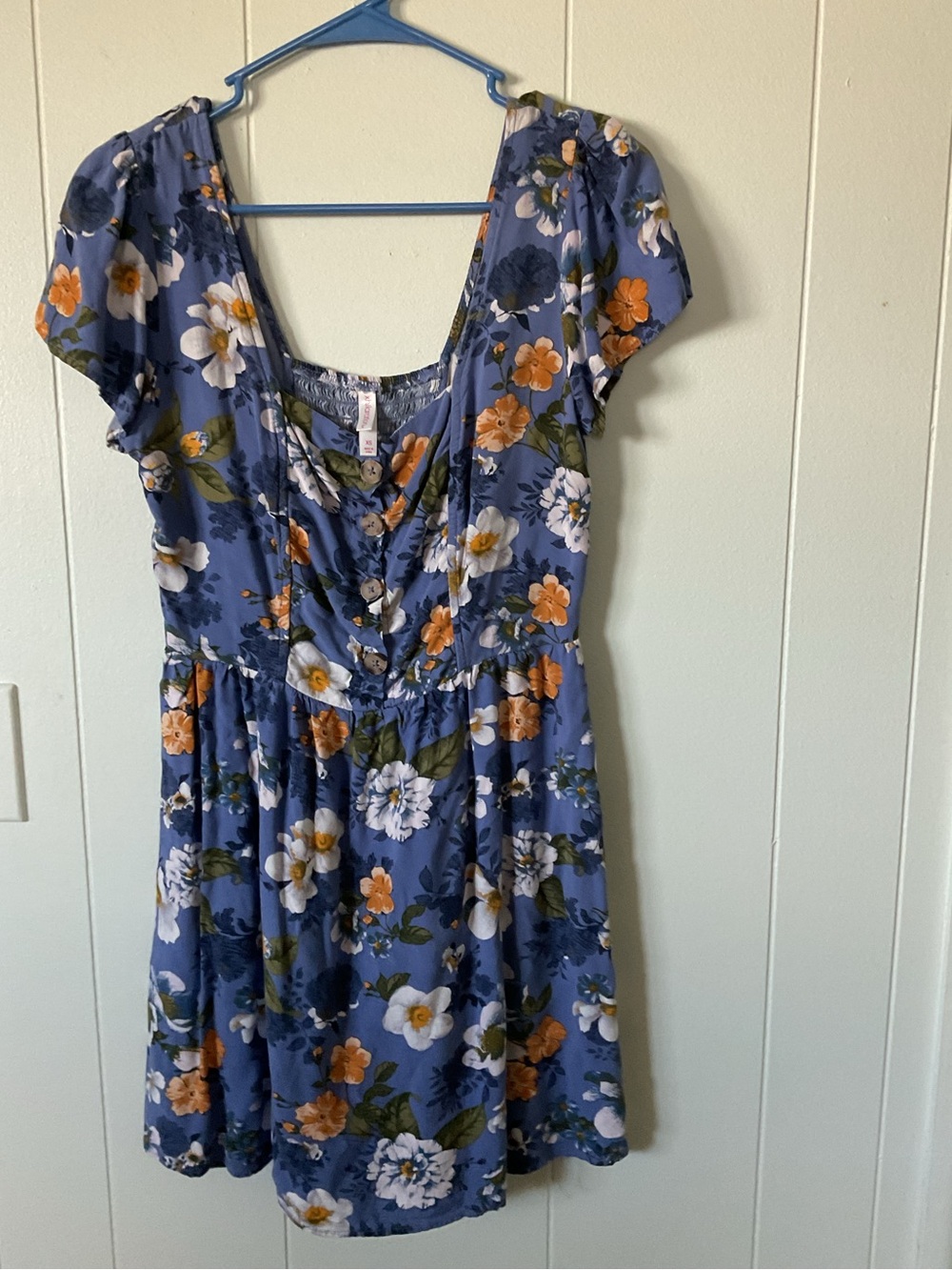 Xhilaration Floral Short Sleeve Blue Dress with Orange and White Blooms.